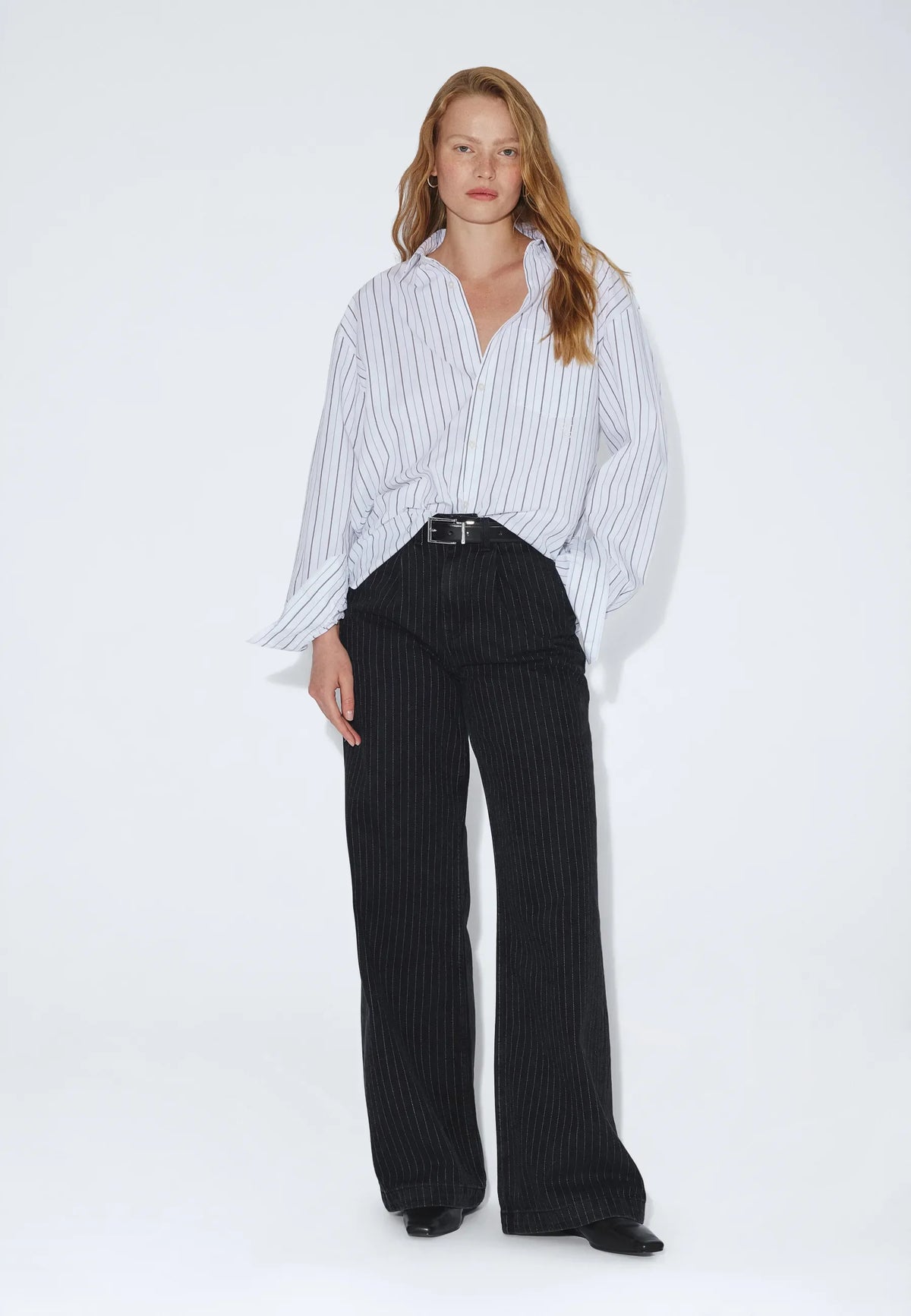 Rhue High Wide Pleated - Washed Black Pinstripe